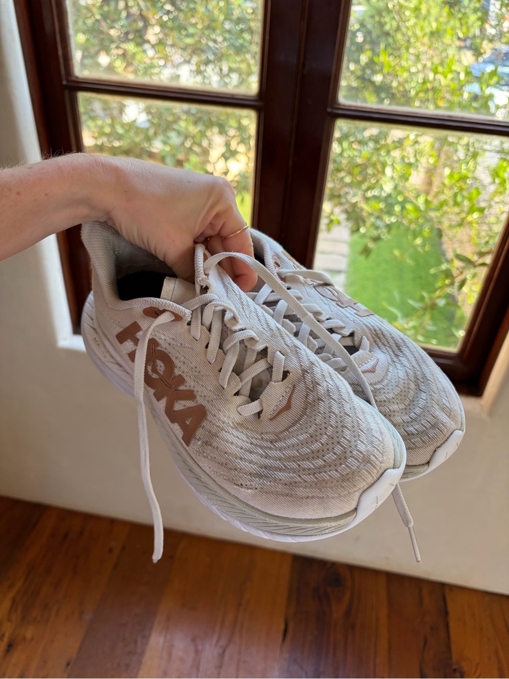 Hoka women’s Athletic Running Shoes in Light Beige with Brown Logo